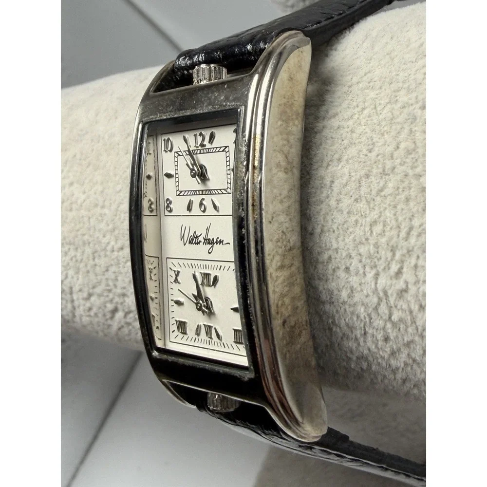 Walter Hagen WH948BKSL Dual Time New Batteries Ladies Tank Watch 23MM 7.75